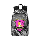 backpack with grayscale graffiti background on sides and top with pink shield bearing the 2&Fro lion with crown and sash in black bearing the words: The Most Hype in Yellow/white. Above the shield is the motto: wake up step up reign