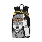 Fedora hat wearing baby with his left silver watch bearing hand touching the hat. The hand band bears the kente print. The top of the bag bears the name Two&Fro in yellow