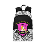 backpack is white with black crackled background on sides and top with pink shield bearing the 2&Fro lion with crown and sash in black bearing the words: The Most Hype in Yellow/white. Above the shield is the motto: wake up step up reign